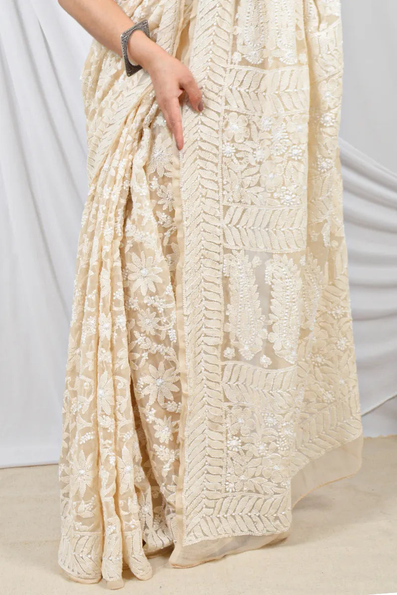Fawn Color Georgette Allover Lucknowi Chikankari Designer Saree Embroidery and Blouse – Perfect for Weddings & Festive Wear.