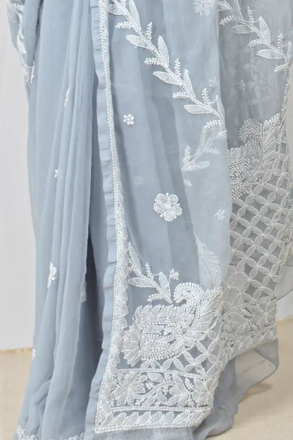 Gray georgette saree with hand-embroidered Lucknowi Chikankari and matching blouse – handcrafted ethnic saree by MeMaana