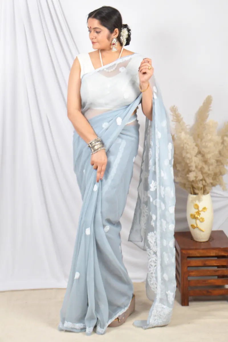 Fabnuma Handcrafted Gray Georgette Lucknowi Chikankari Saree with Blouse Chikankari