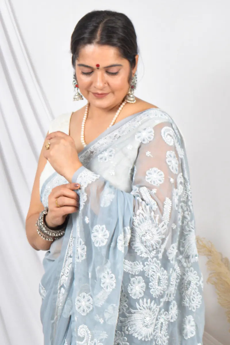 Fabnuma Handcrafted Gray Georgette Pearl Work Lucknowi Chikankari Designer Saree with Blouse