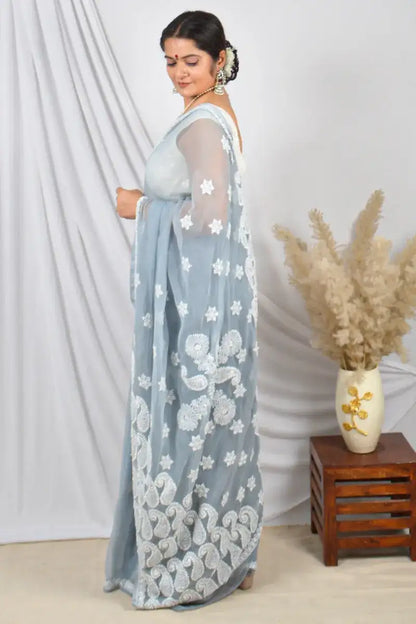 Fabnuma Handcrafted Gray Georgette Lucknowi Chikankari Saree with Blouse.