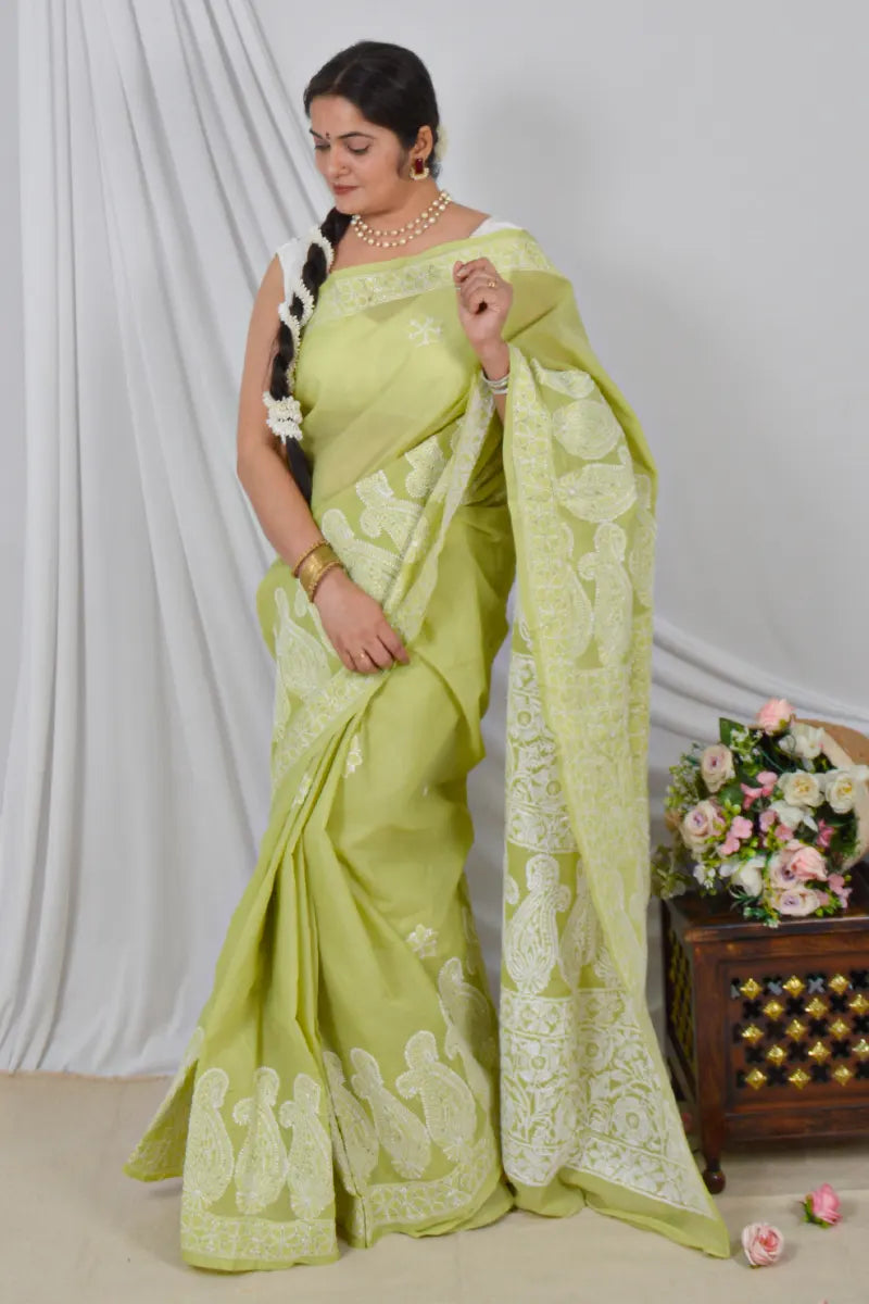 Handcrafted Green Skirt Palla Cotton Saree with intricate Lucknowi Chikankari embroidery and a matching Blouse, ideal for Festive and  occasions.