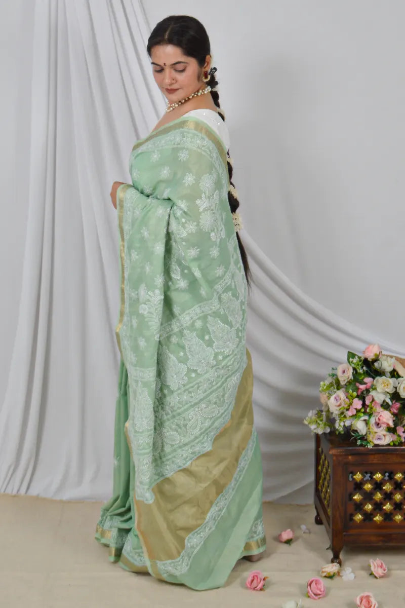 Memaana Handcrafted Green Border Palla Chanderi Cotton Saree with Blouse Lucknowi Chikankari