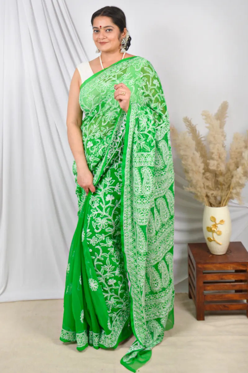 Fabnuma Handcrafted Green Halfjaal Georgette Lucknowi Chikankari Saree with Blouse