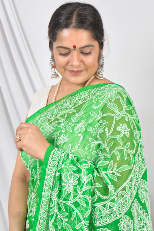 Fabnuma Handcrafted Green Halfjaal Georgette Lucknowi Chikankari Saree with Blouse