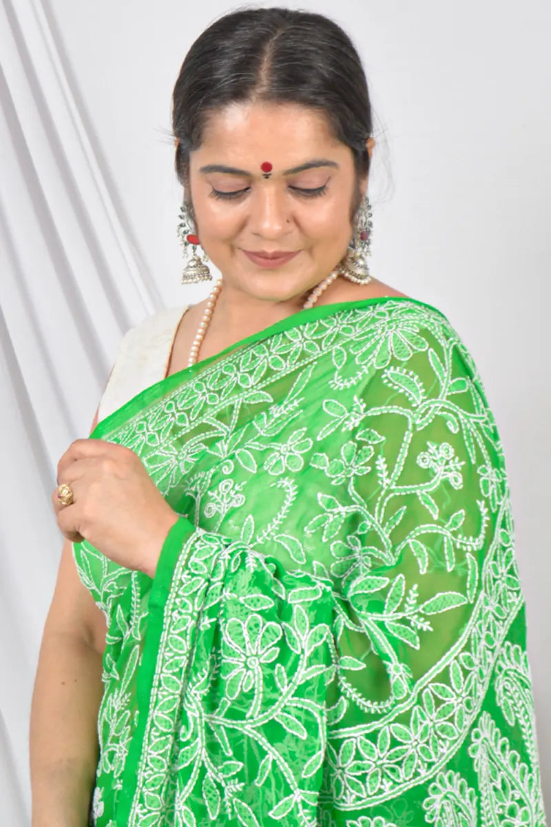 Fabnuma Handcrafted Green Halfjaal Georgette Lucknowi Chikankari Saree with Blouse