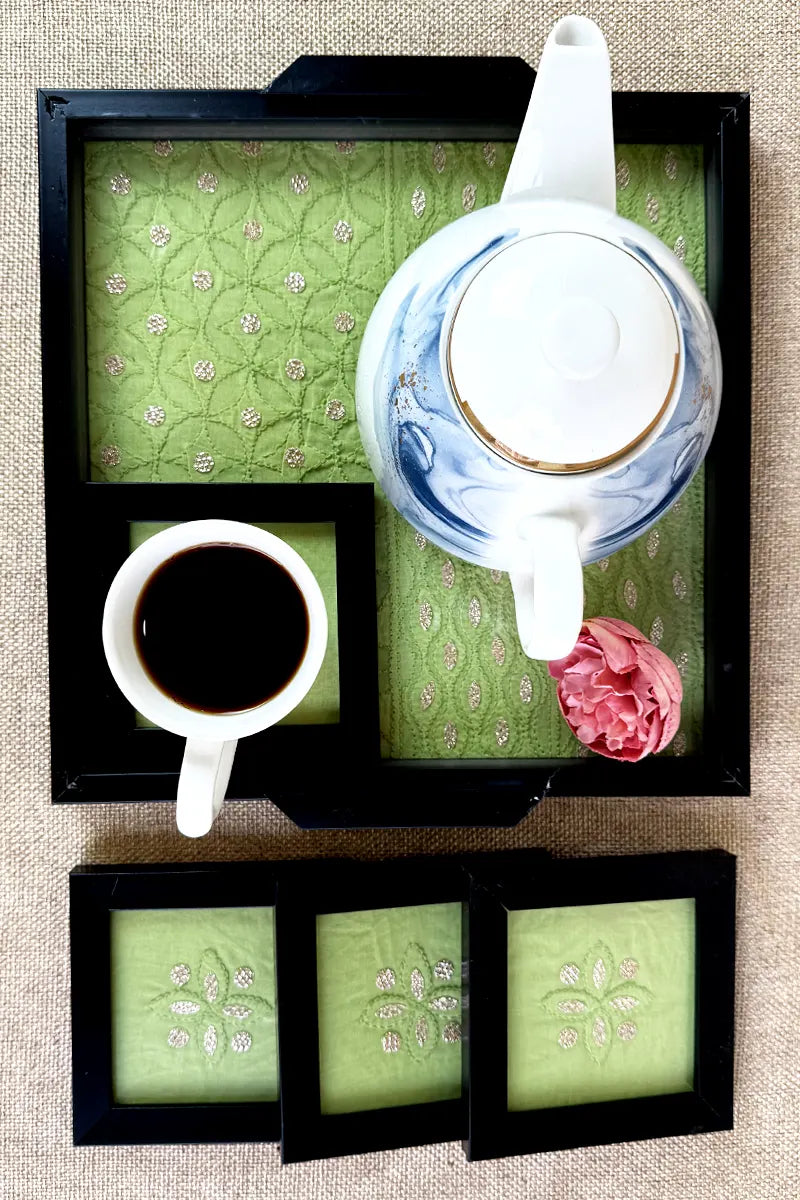 Green Cotton Handcrafted Lucknowi Chikankari Tray & Tea Coaster Set With hand-embroidered Lucknowi Chikankari