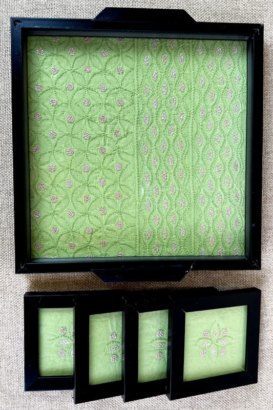 Green Cotton Handcrafted Lucknowi Chikankari Tray & Tea Coaster Set With hand-embroidered Lucknowi Chikankari