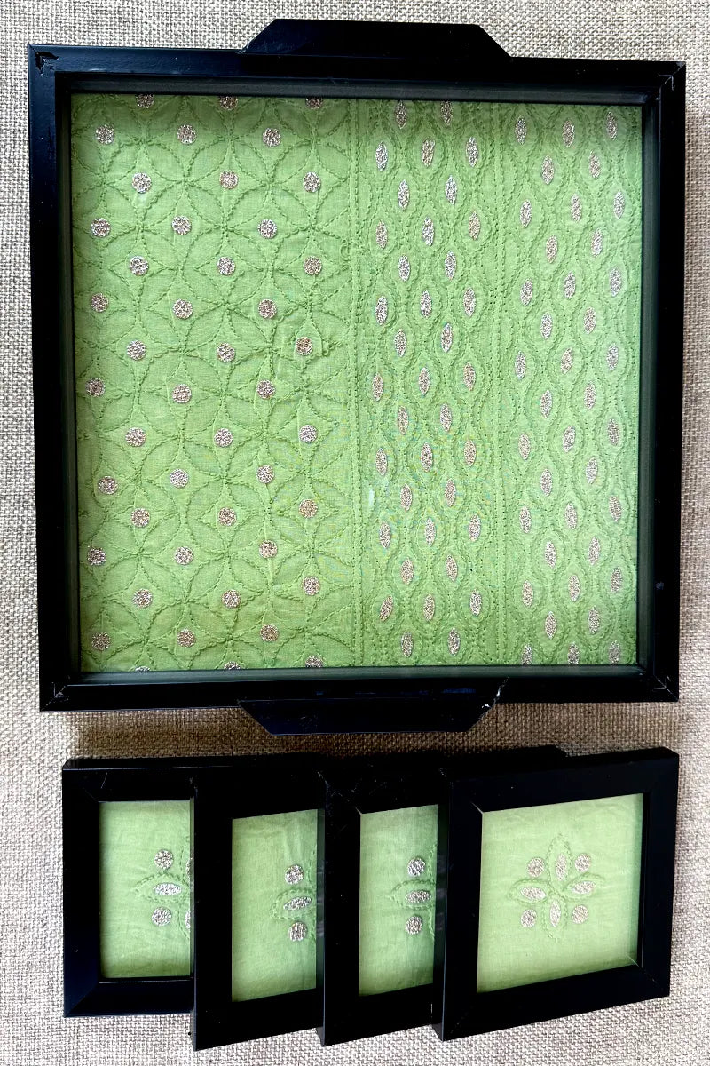 Green Cotton Handcrafted Lucknowi Chikankari Tray & Tea Coaster Set With hand-embroidered Lucknowi Chikankari
