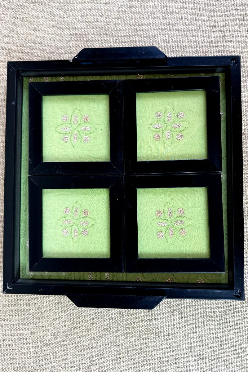 Green Cotton Handcrafted Lucknowi Chikankari Tray & Tea Coaster Set With hand-embroidered Lucknowi Chikankari