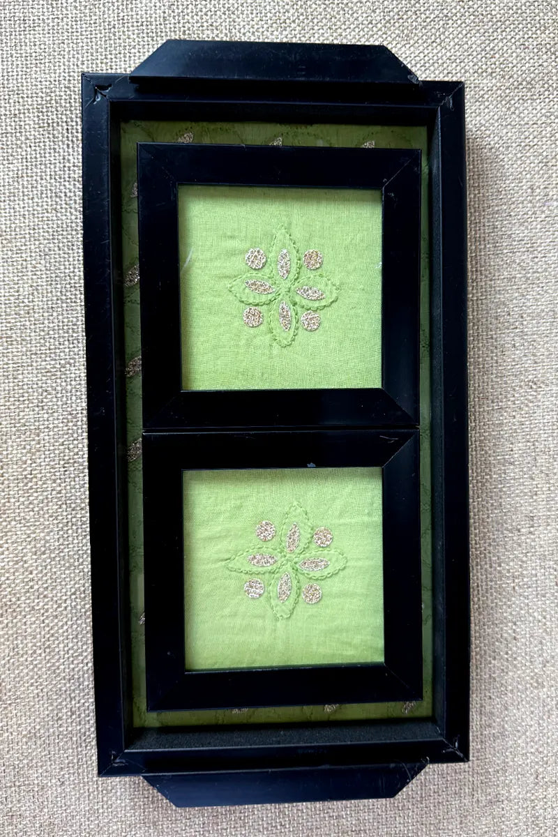 Green Handcrafted Lucknowi Chikankari Tray & Tea Coaster Set With hand-embroidered Lucknowi Chikankari