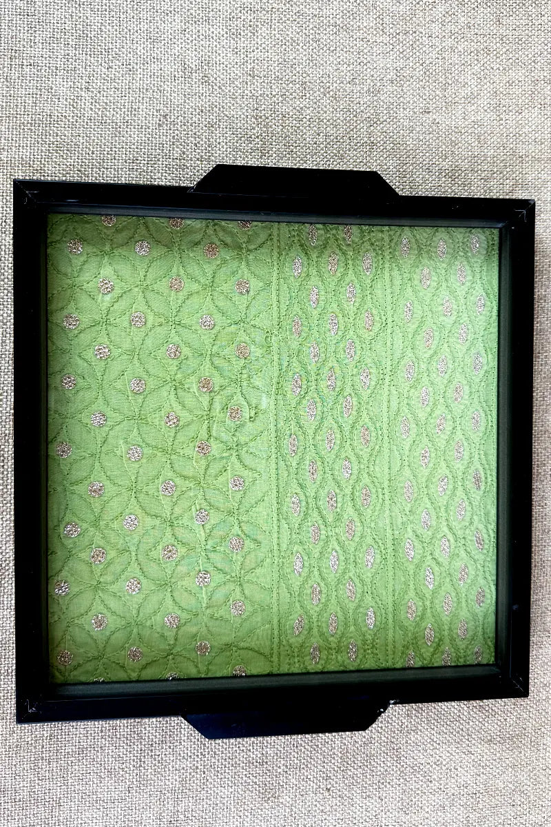 Green Cotton Handcrafted Lucknowi Chikankari Tray & Tea Coaster Set With hand-embroidered Lucknowi Chikankari