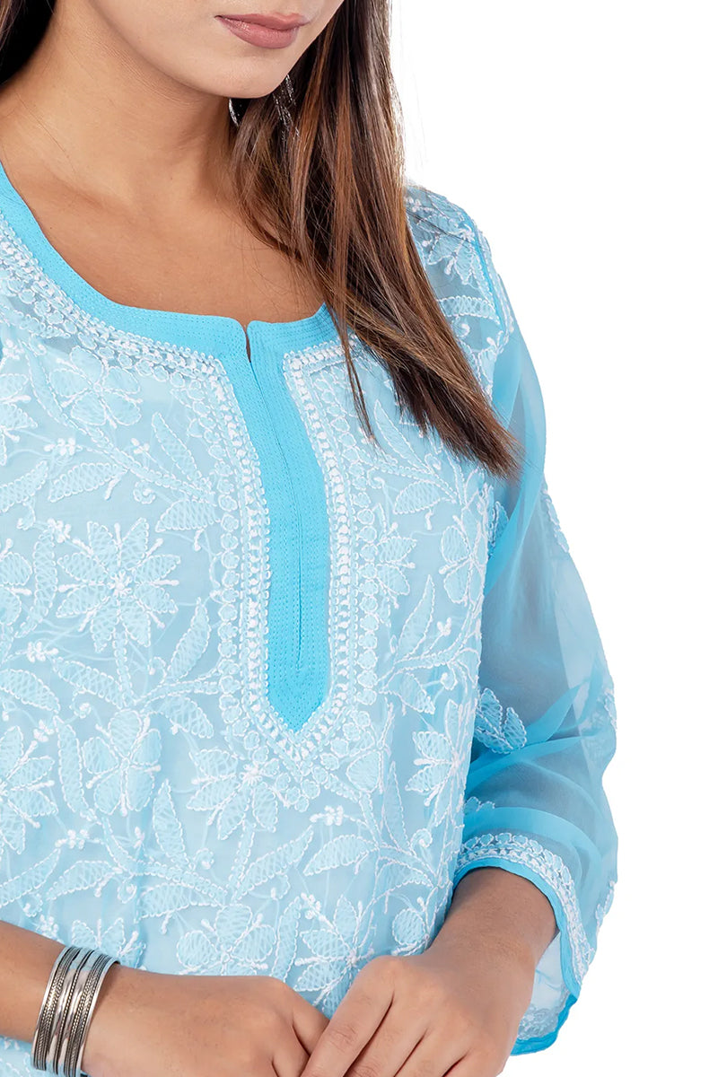 Fabnuma Handcrafted Chikankari Sky Blue Georgette Short Top with intricate traditional embroidery and 32-inch length.
