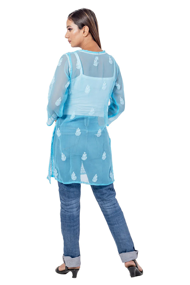 Fabnuma Handcrafted Chikankari Sky Blue Georgette Short Top worn by model showing back with embroidered patterns.