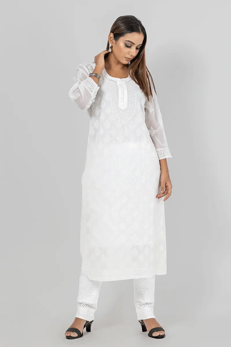 Memaana Handcrafted  Chikankari White Georgette Kurti - Memaana
