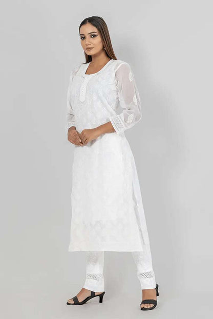 Memaana Handcrafted  Chikankari White Georgette Kurti - Memaana