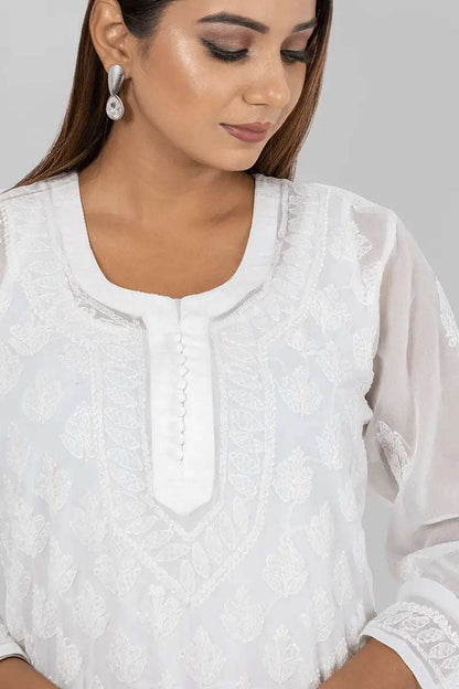 Memaana Handcrafted  Chikankari White Georgette Kurti - Memaana