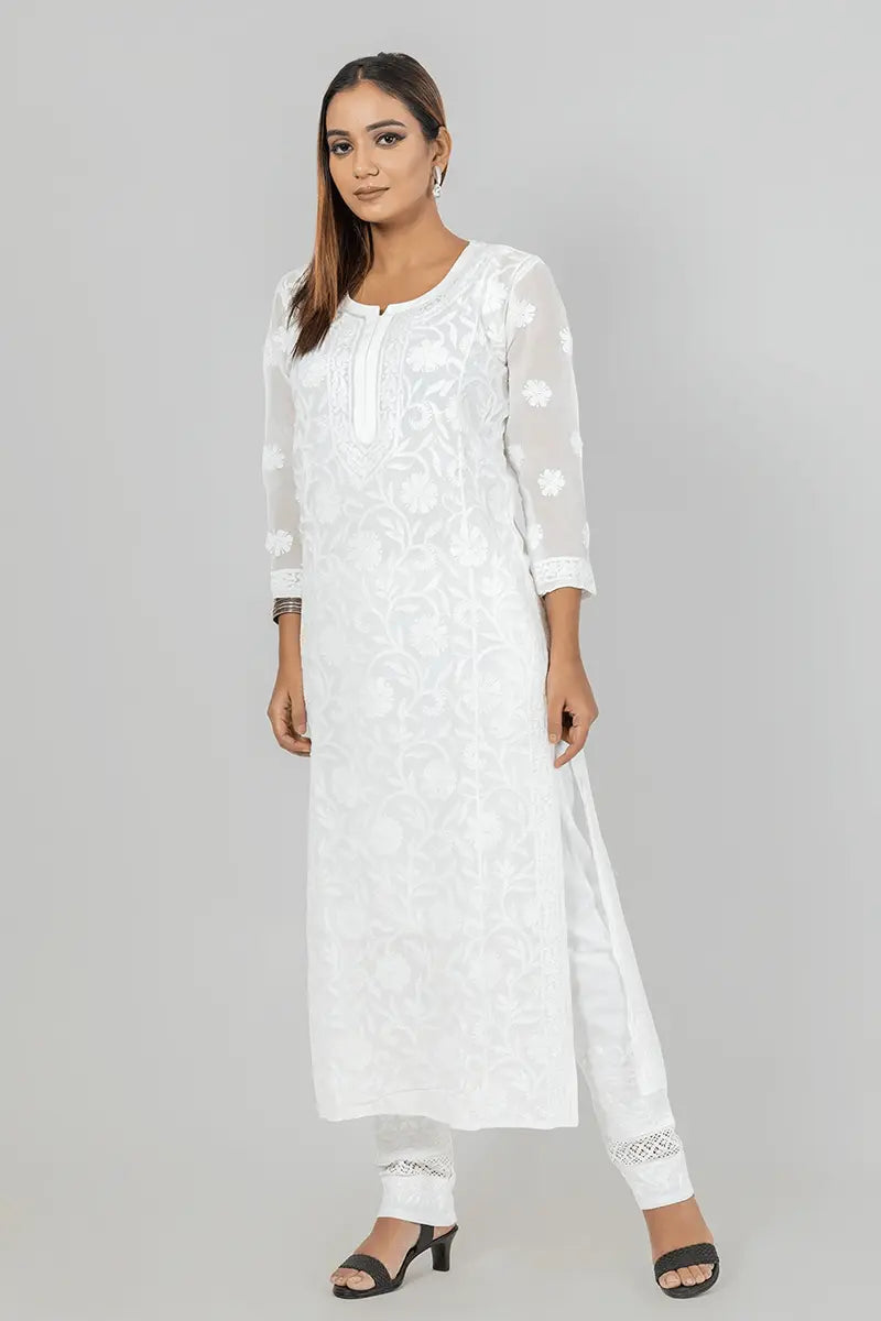 Memaana Handcrafted  Georgette White Chikankari Kurti - Memaana