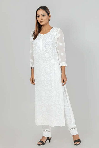 Memaana Handcrafted  Georgette White Chikankari Kurti - Memaana