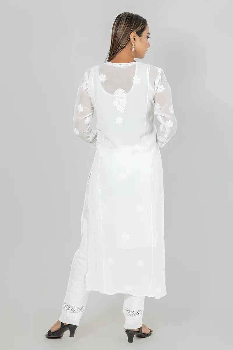 Memaana Handcrafted  Georgette White Chikankari Kurti - Memaana