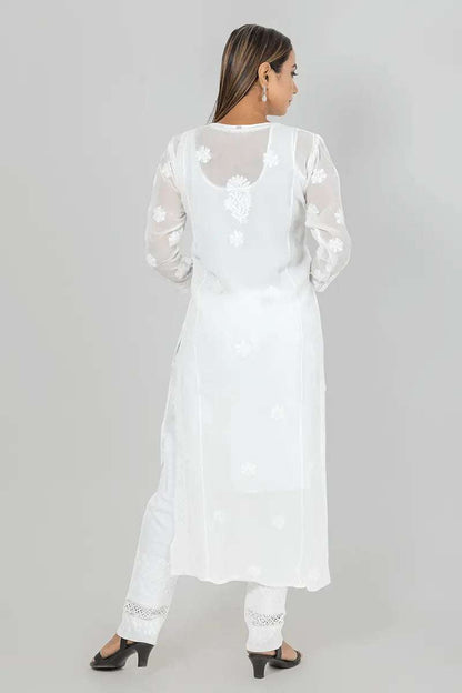 Memaana Handcrafted  Georgette White Chikankari Kurti - Memaana