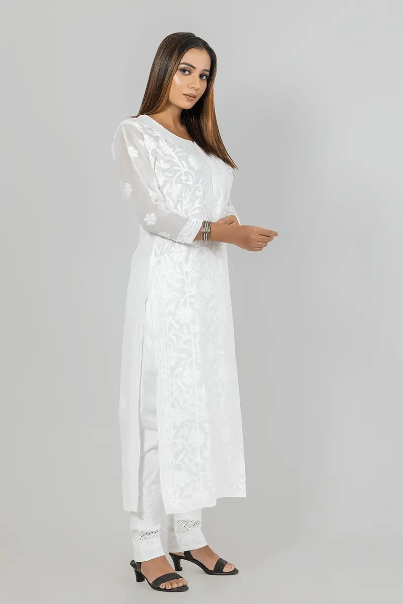 Memaana Handcrafted  Georgette White Chikankari Kurti - Memaana