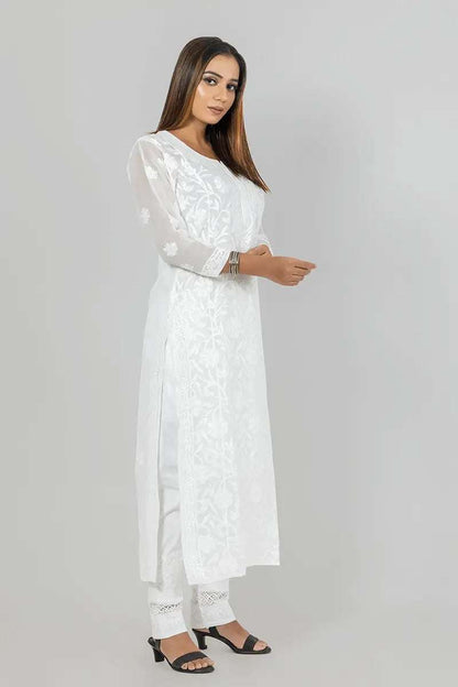 Memaana Handcrafted  Georgette White Chikankari Kurti - Memaana