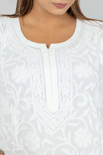 Memaana Handcrafted  Georgette White Chikankari Kurti - Memaana