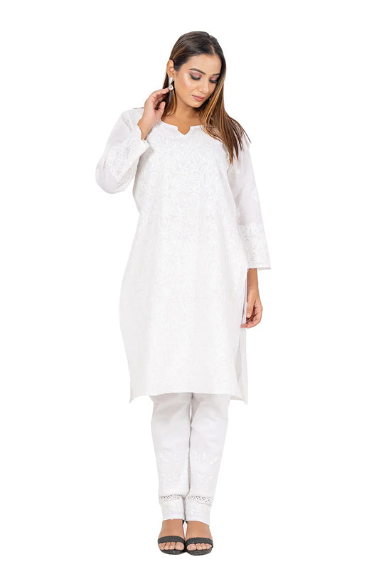 Fabnuma Handcrafted  Chikankari Cotton White Kurti - Fabnuma