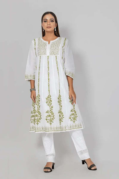 Memaana Handcrafted  Chikankari White Cotton Kurti - Memaana