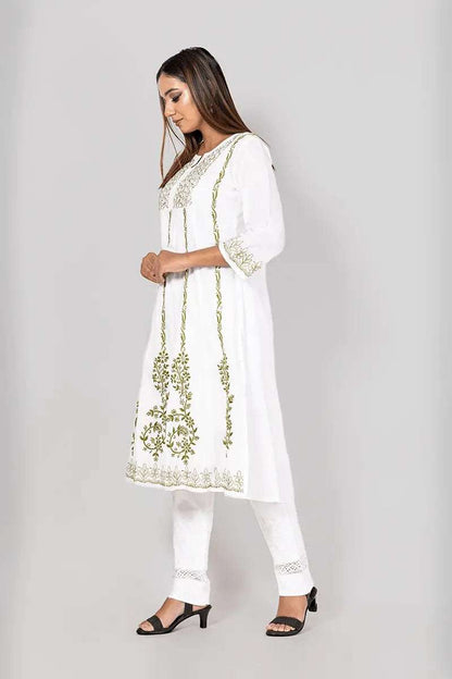 Memaana Handcrafted  Chikankari White Cotton Kurti - Memaana