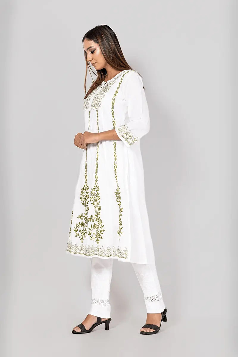 Memaana Handcrafted  Chikankari White Cotton Kurti - Memaana