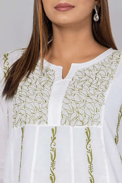 Memaana Handcrafted  Chikankari White Cotton Kurti - Memaana