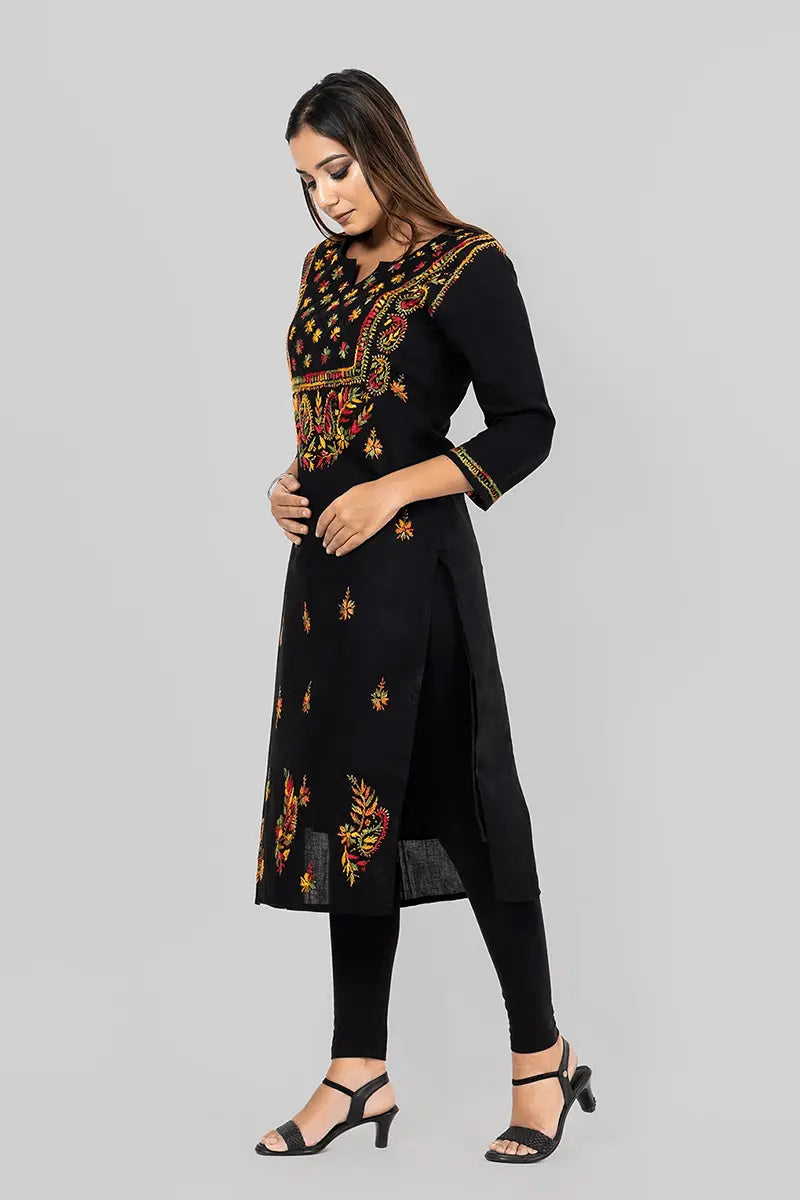 Memaana Handcrafted  Chikankar Black Cotton Designer Kurti - Memaana