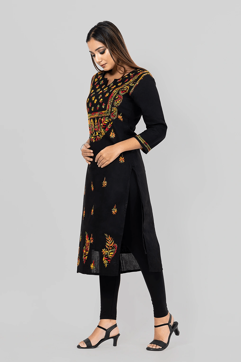 Fabnuma Handcrafted  Chikankar Black Cotton Designer Kurti - Fabnuma