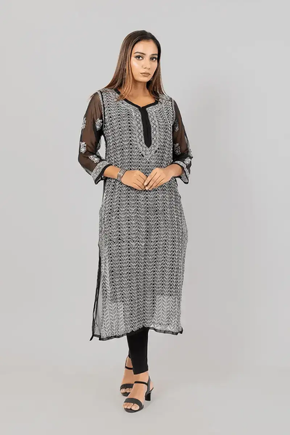 Fabnuma Handcrafted  Black Georgette Chikankari Kurti - Fabnuma