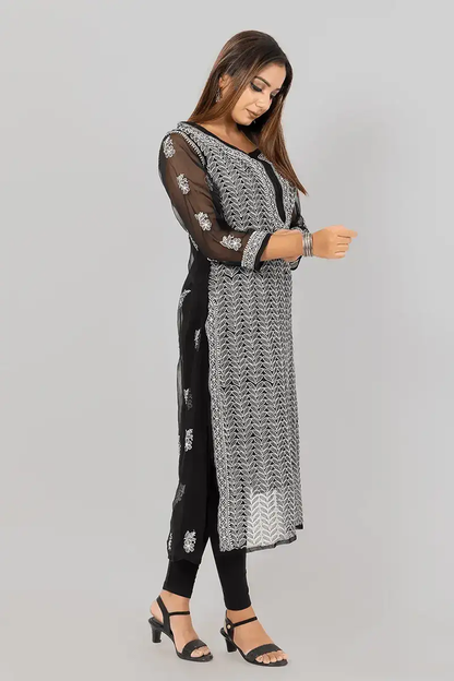 Fabnuma Handcrafted  Black Georgette Chikankari Kurti - Fabnuma