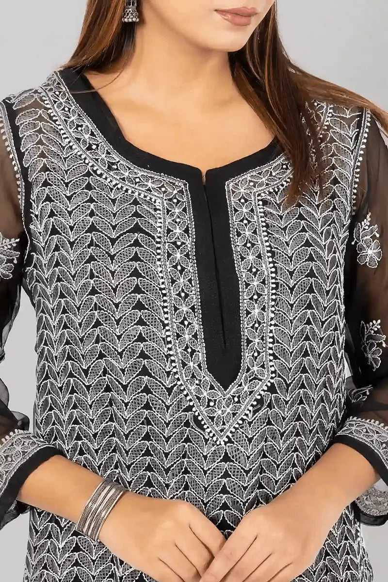 Memaana Handcrafted  Black Georgette Chikankari Kurti - Memaana