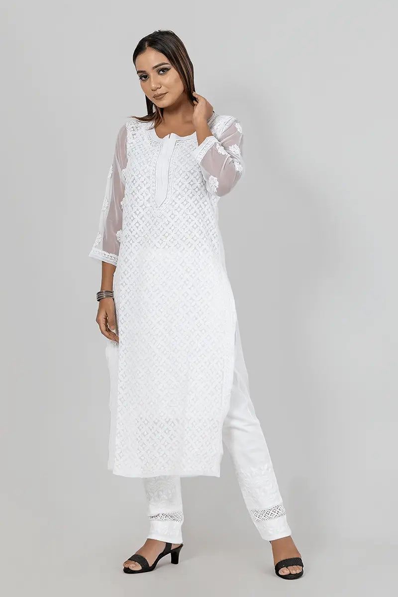 Memaana Handcrafted  Chikankari Kurti White Georgette Front Jaal - Memaana