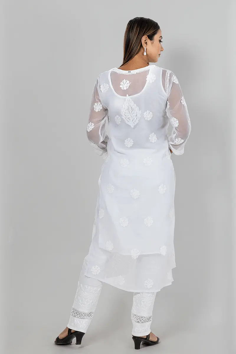 Fabnuma Handcrafted  Chikankari Kurti White Georgette Front Jaal - Fabnuma