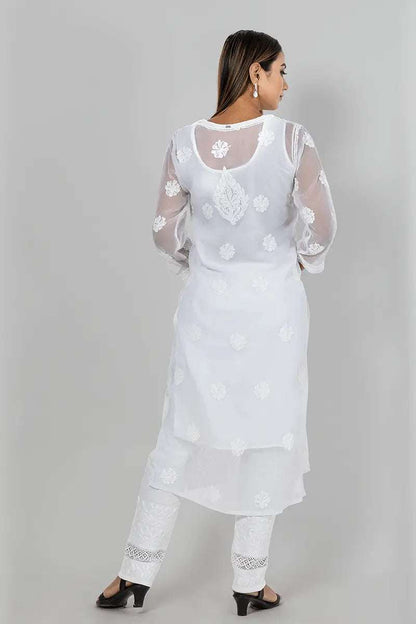 Memaana Handcrafted  Chikankari White Georgette Kurti - Memaana