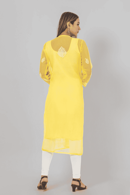 Fabnuma Handcrafted  Chikankari Yellow Georgette Kurti - Fabnuma