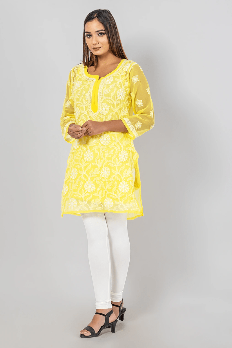 Fabnuma Handcrafted Chikankari Yellow Georgette Short Top with intricate embroidery and comfortable fit.
