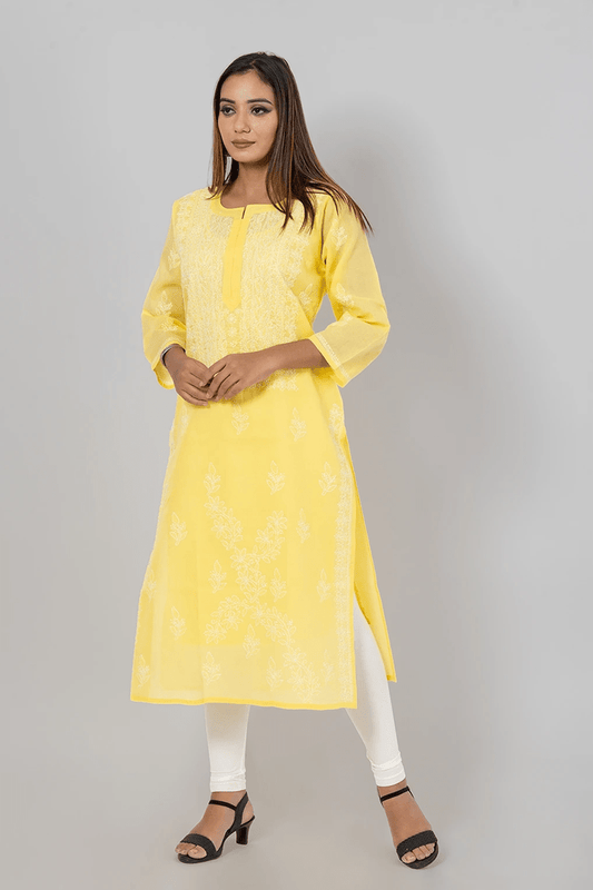 Fabnuma Handcrafted  Chikankari Yellow Cotton Kurti - Fabnuma
