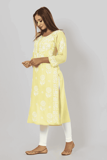 Fabnuma Handcrafted  Chikankari Lemon Rayon Cotton Kurti - Fabnuma