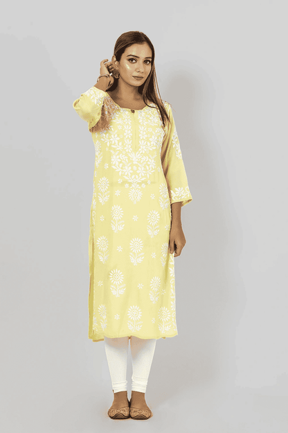Fabnuma Handcrafted  Chikankari Lemon Rayon Cotton Kurti - Fabnuma