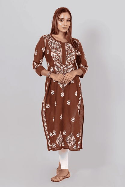 Fabnuma Handcrafted  Chikankari Brown Cotton Kurti - Fabnuma