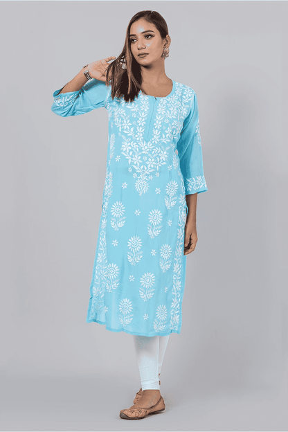 Fabnuma Handcrafted  Chikankari Sky Blue Rayon Cotton Kurti - Fabnuma