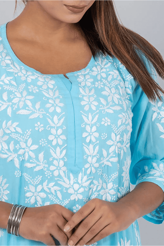 Fabnuma Handcrafted  Chikankari Sky Blue Rayon Cotton Kurti - Fabnuma