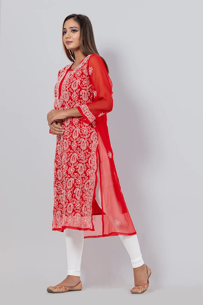 Fabnuma Handcrafted  Chikankari Red Georgette Kurti - Fabnuma
